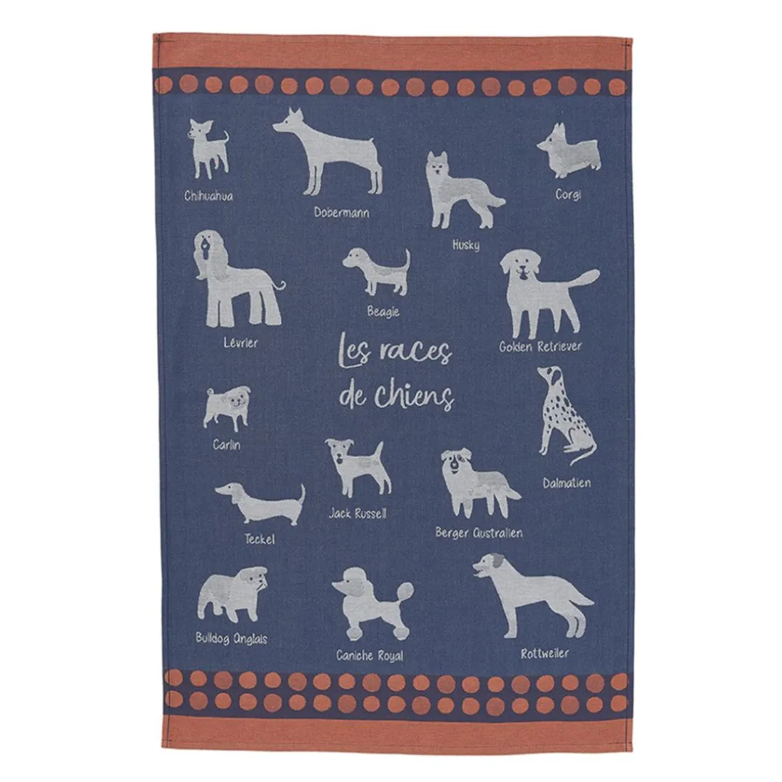 Torchon imprimé en jacquard de coton RACES DE CHIENS-Bleu