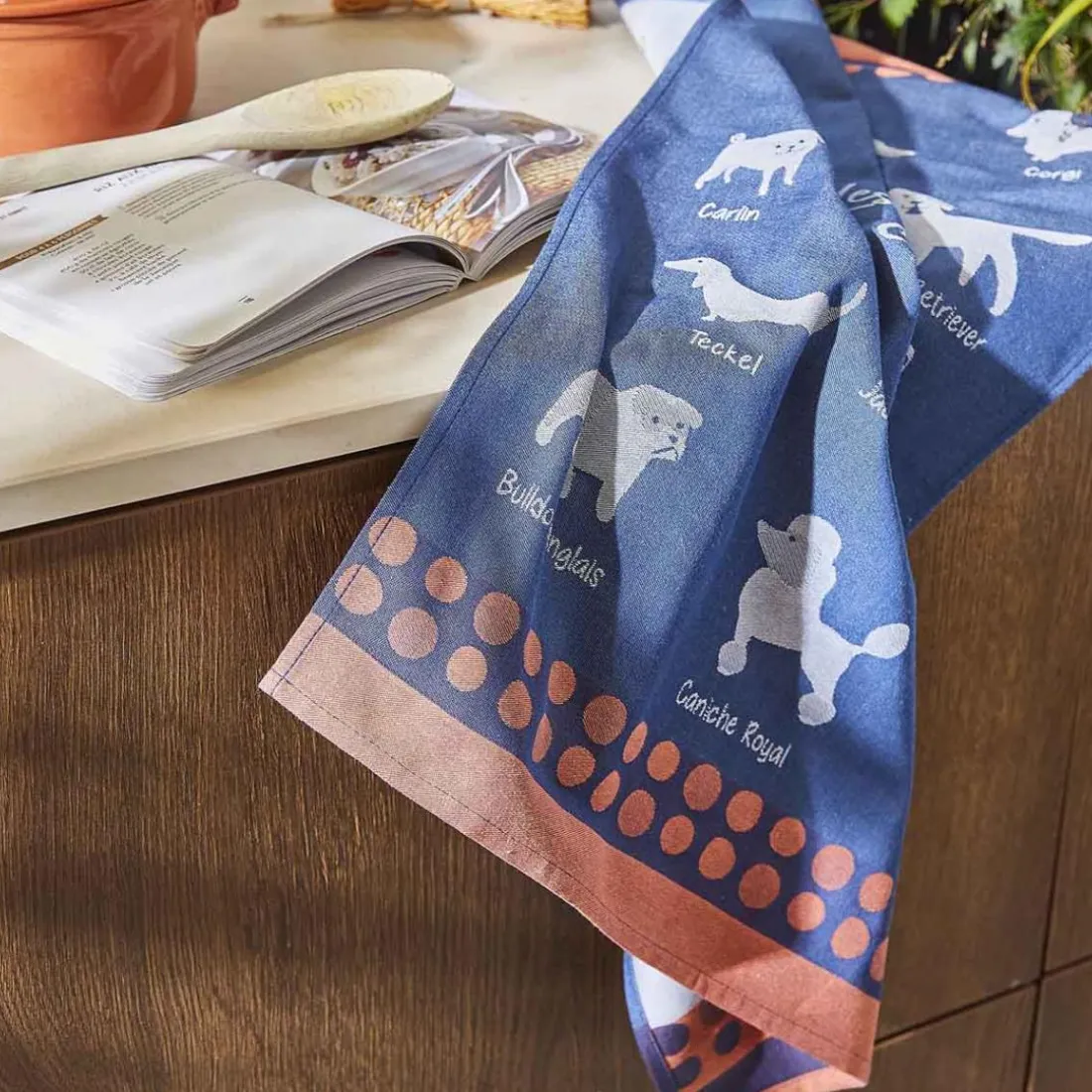 Torchon imprimé en jacquard de coton RACES DE CHIENS-Bleu