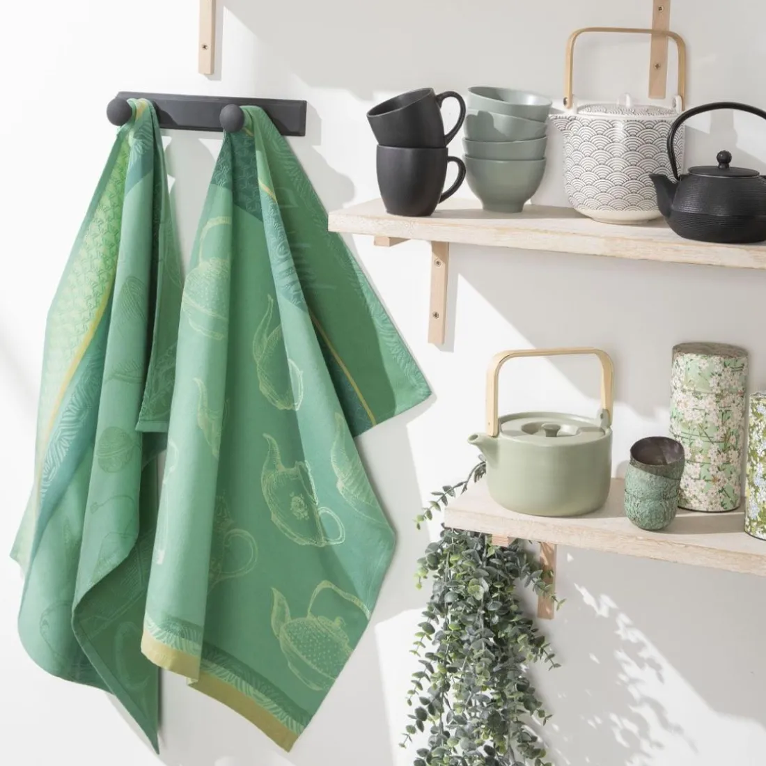 Torchon imprimé en jacquard de coton, INSTANT THÉ Vert