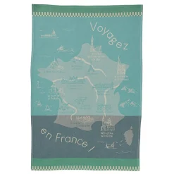 Torchon imprimé en jacquard de coton VOYAGER EN FRANCE-Bleu