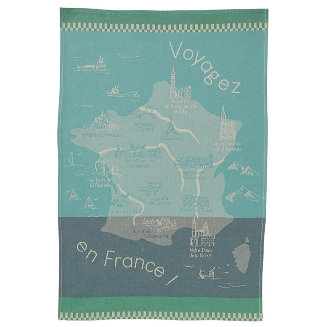 Torchon imprimé en jacquard de coton VOYAGER EN FRANCE-Bleu