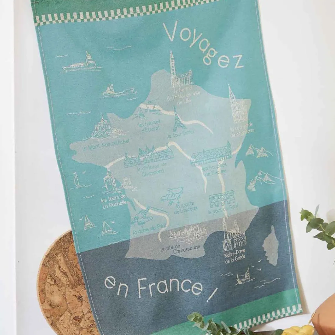 Torchon imprimé en jacquard de coton VOYAGER EN FRANCE-Bleu