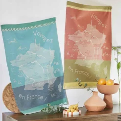 Torchon imprimé en jacquard de coton VOYAGER EN FRANCE-Bleu