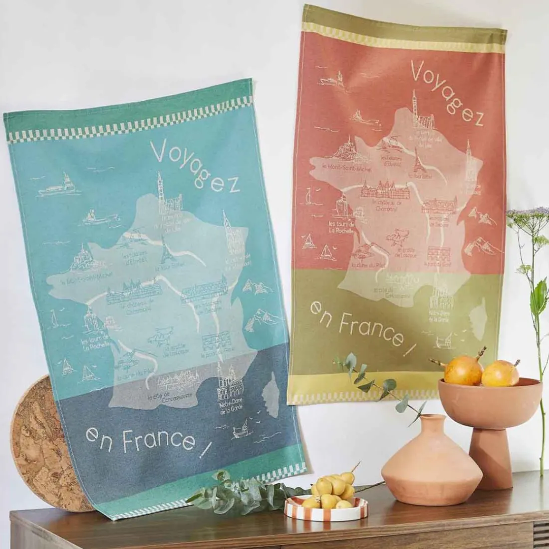 Torchon imprimé en jacquard de coton VOYAGER EN FRANCE-Bleu