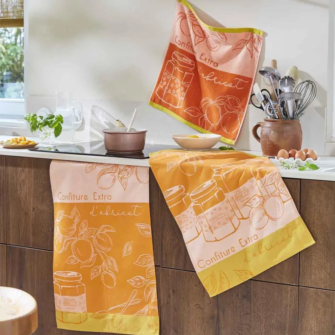 Torchon imprimé en jacquard de coton DELICES D'ABRICOTS-Orange