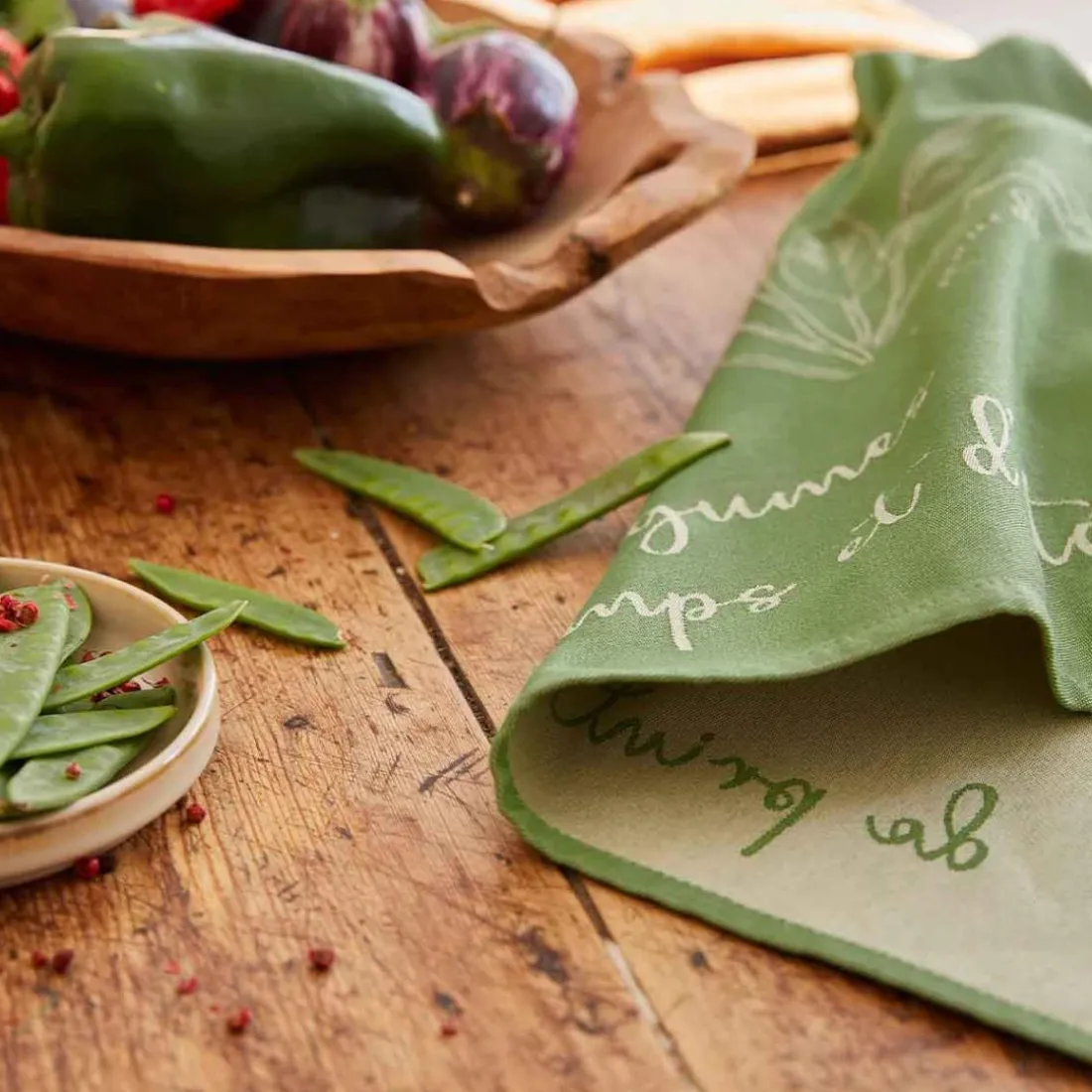 Torchon imprimé en jacquard de coton POTAGER DE PRINTEMPS-Vert