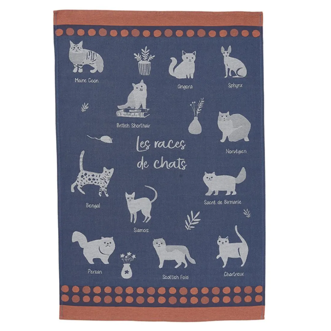 Torchon imprimé en jacquard de coton RACES DE CHATS-Bleu