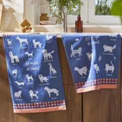 Torchon imprimé en jacquard de coton RACES DE CHATS-Bleu
