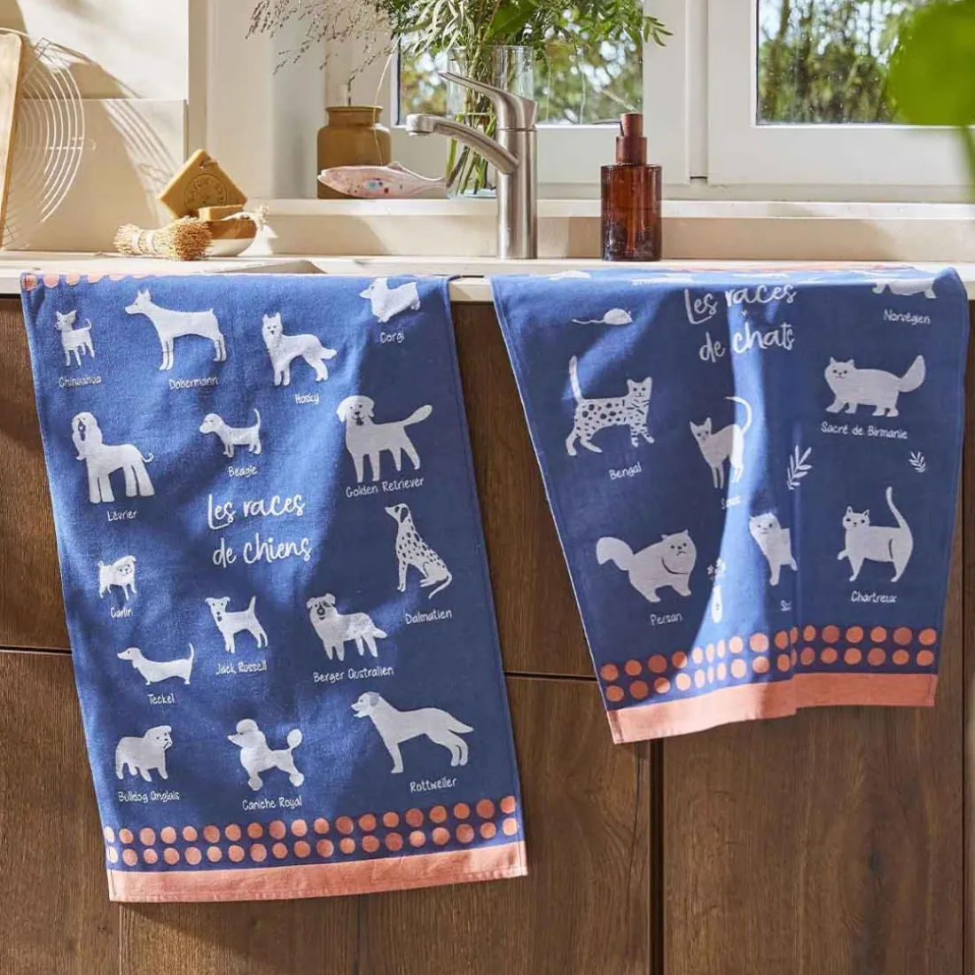 Torchon imprimé en jacquard de coton RACES DE CHATS-Bleu