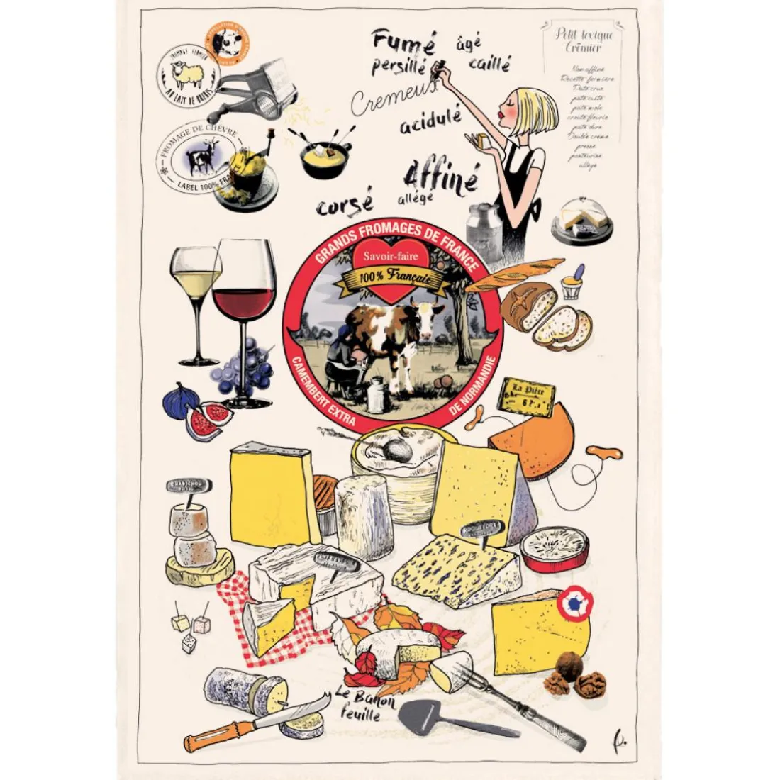 Torchon Imprimé Les grands fromages Ecru 48 x 72