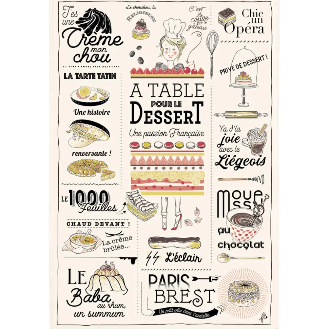 Torchon Les desserts français Ecru 48 x 72