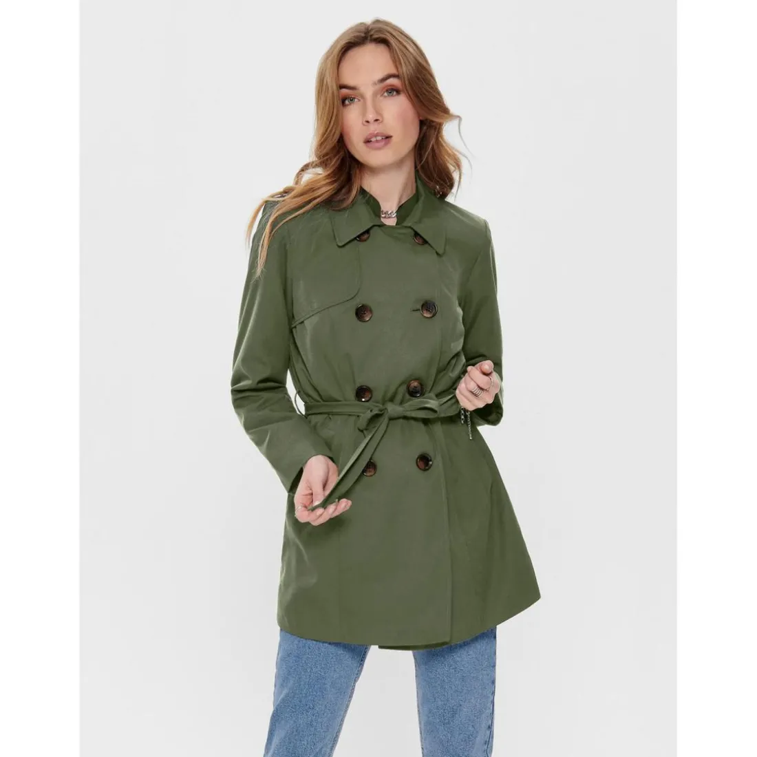 Trench coat Col à revers Manches longues Ceinture à la taille vert
