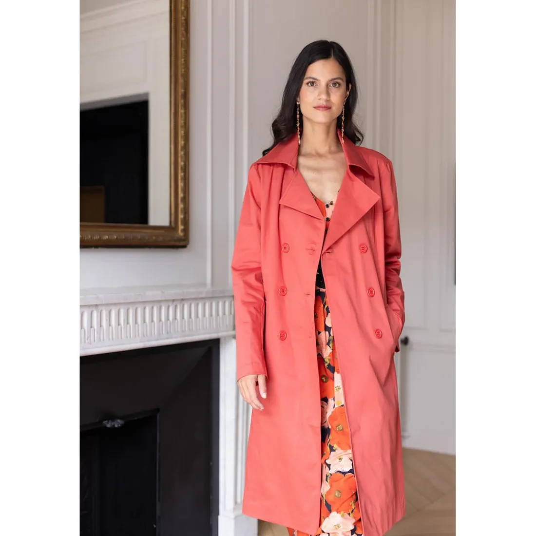 Trench long en coton Farah Réédition terracotta