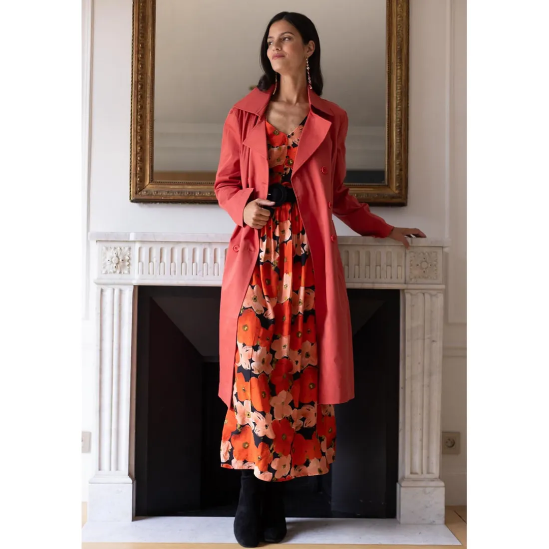 Trench long en coton Farah Réédition terracotta