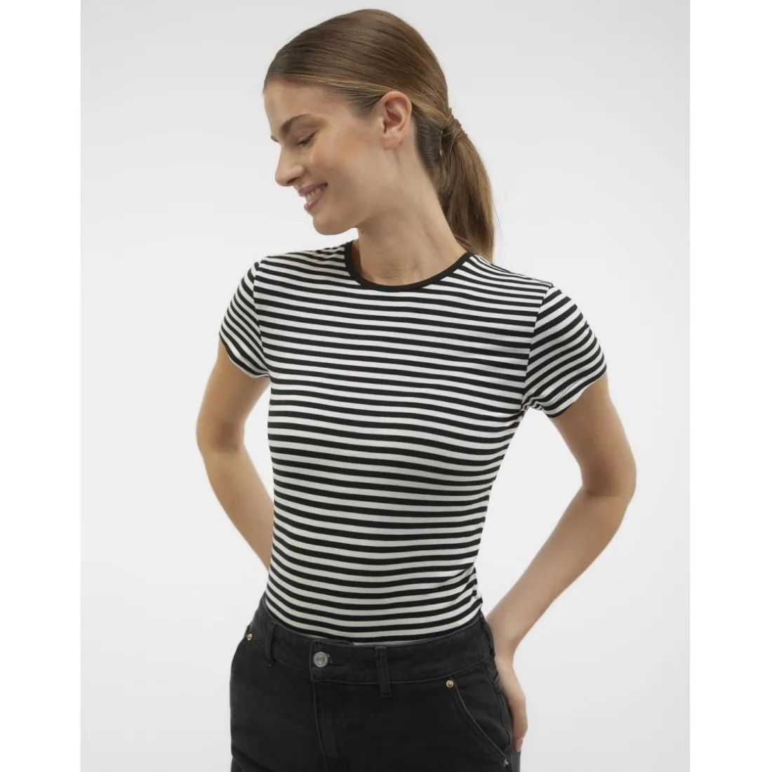 T-shirt col rond manches courtes noir Cléo en coton