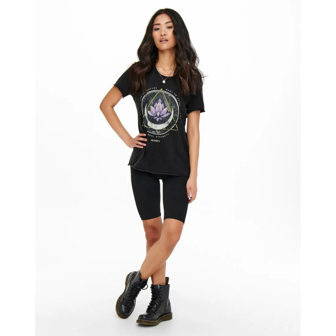 T-shirt Imprimé Col rond Manches courtes noir en coton Gia
