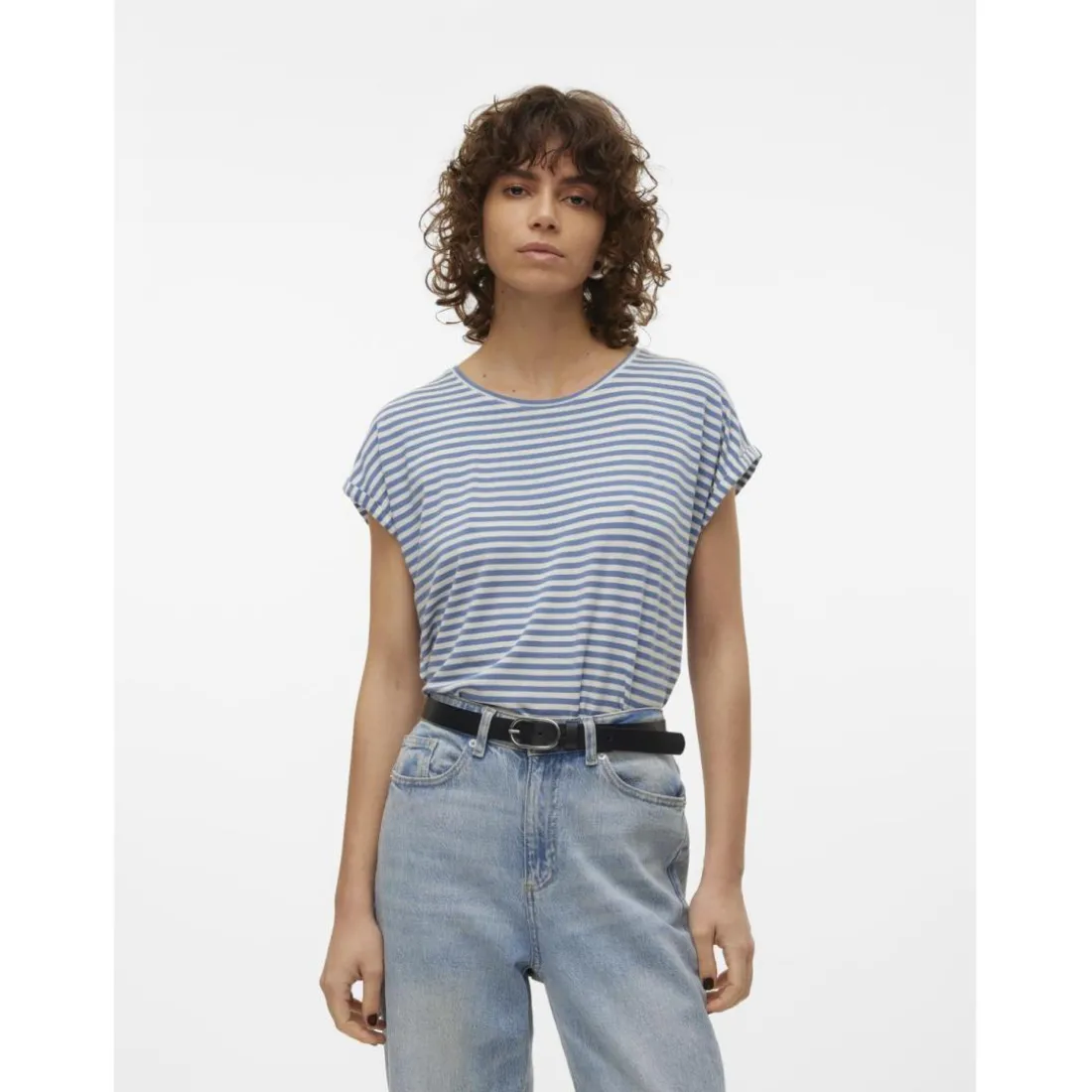 T-shirt longueur regular col rond manches courtes bleu Lucie en coton