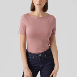 T-shirt Slim Fit Col bateau Manches courtes Longueur regular rose en coton modal