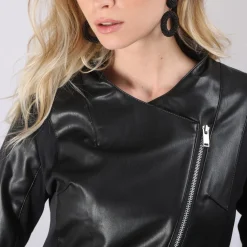 Veste croisée zippée manches longues et volant femme - Noir