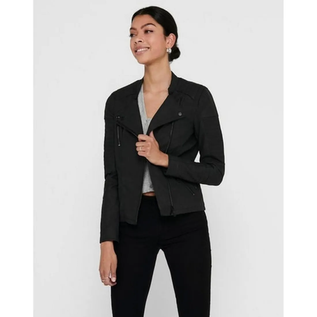 Veste de motard en simili-cuir Col motard Manches longues noir Alice