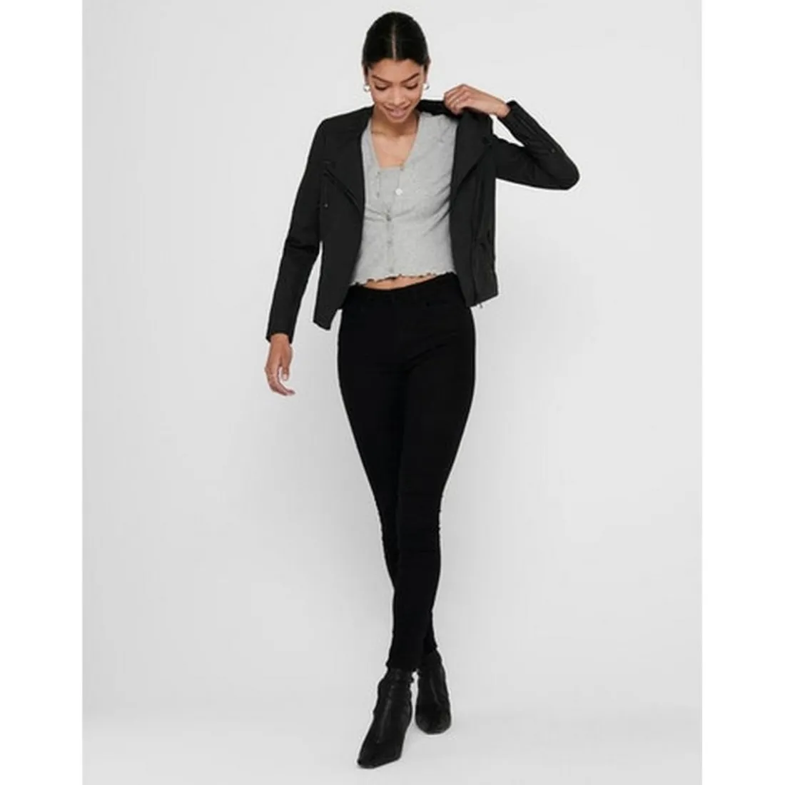 Veste de motard en simili-cuir Col motard Manches longues noir Alice