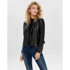 Veste de motard en simili-cuir Col à revers Manches longues noir