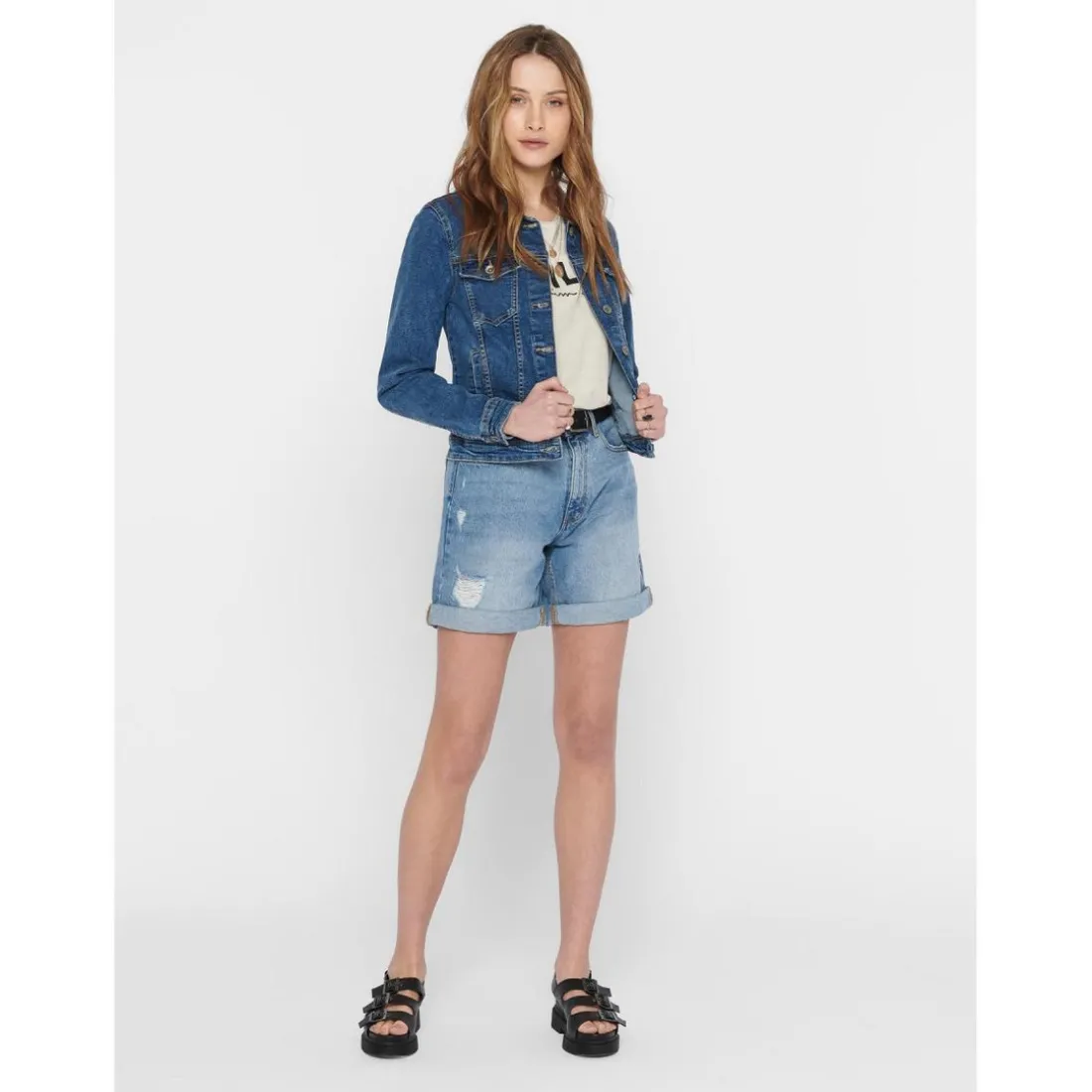 Veste en jean Col italien Manches longues bleu Eve