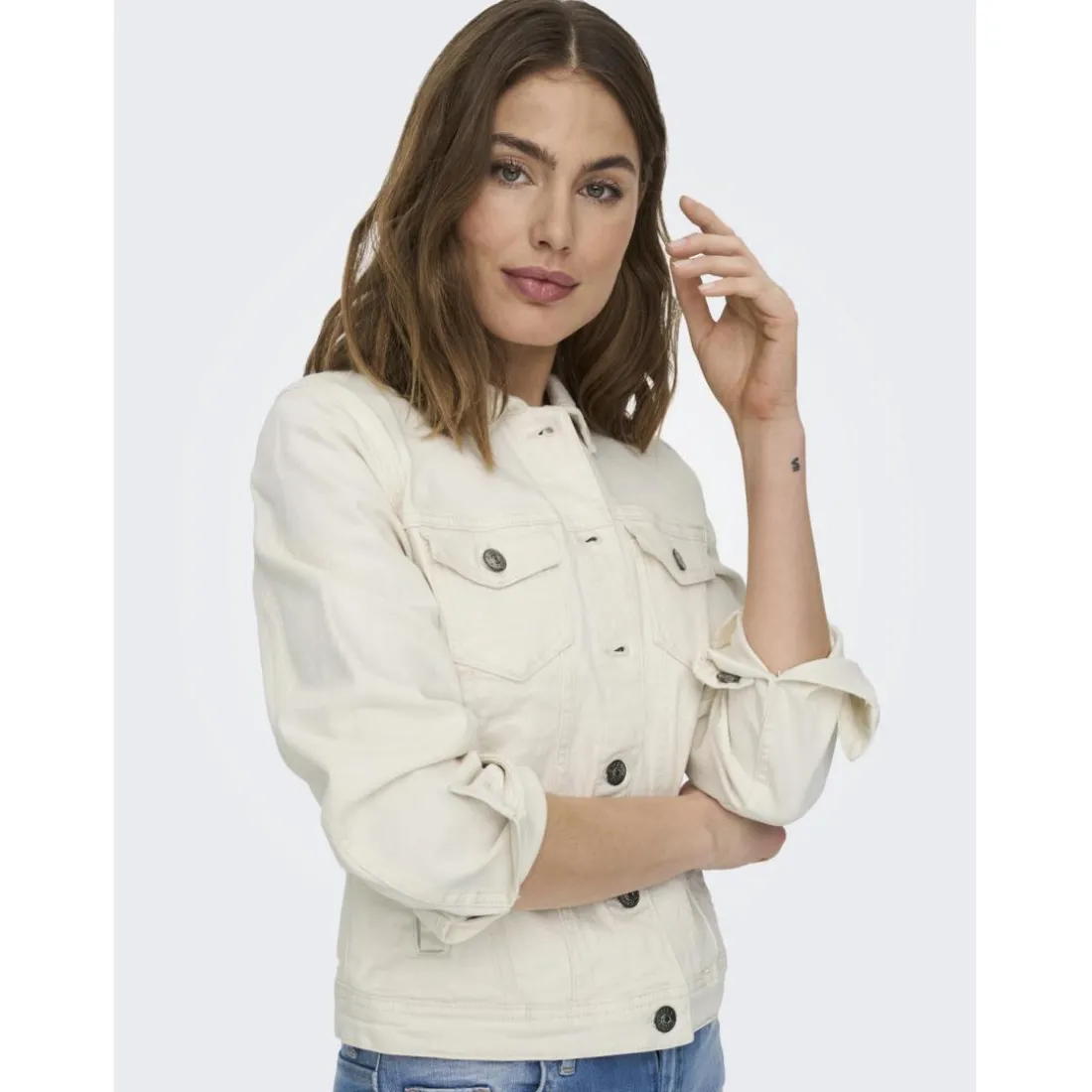 Veste en jean col italien ecru Skye