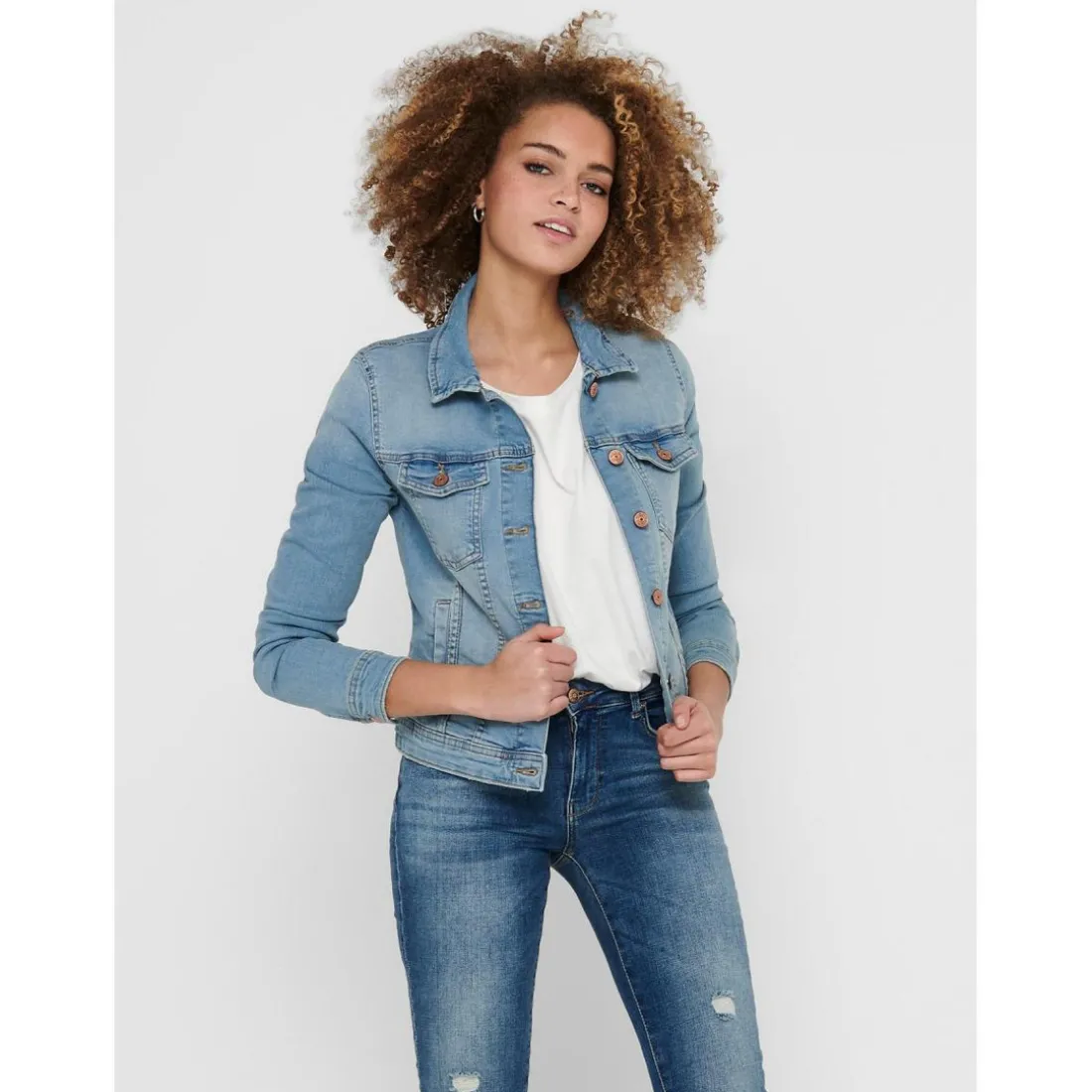 Veste en jean Col italien Manches longues bleu Ivy