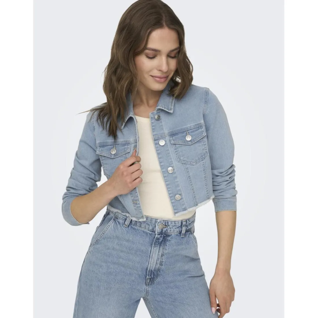 Veste en jean court col italien bleu clair Lia