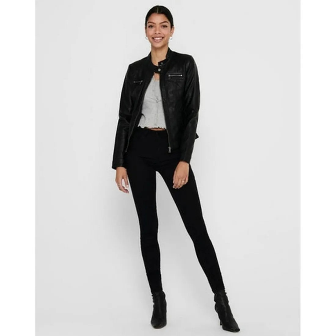 Veste en similicuir Col motard Manches longues Détail matelassés noir Trix