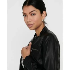Veste en similicuir Col motard Manches longues Détail matelassés noir Trix