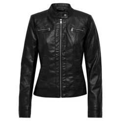 Veste en similicuir Col motard Manches longues Détail matelassés noir Trix