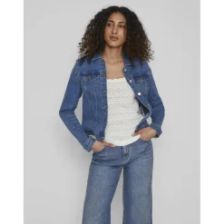 Veste poignets boutonnés col à revers bleu en coton