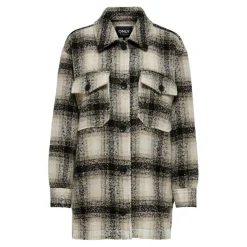 Veste-chemise longue Carreaux Col à revers Manches longues beige