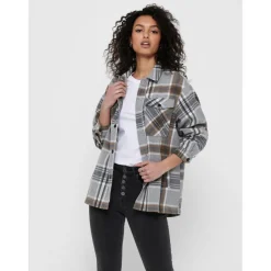 Veste-chemise longue Carreaux Col italien Manches longues marron gris