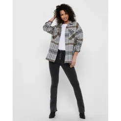 Veste-chemise longue Carreaux Col italien Manches longues marron gris