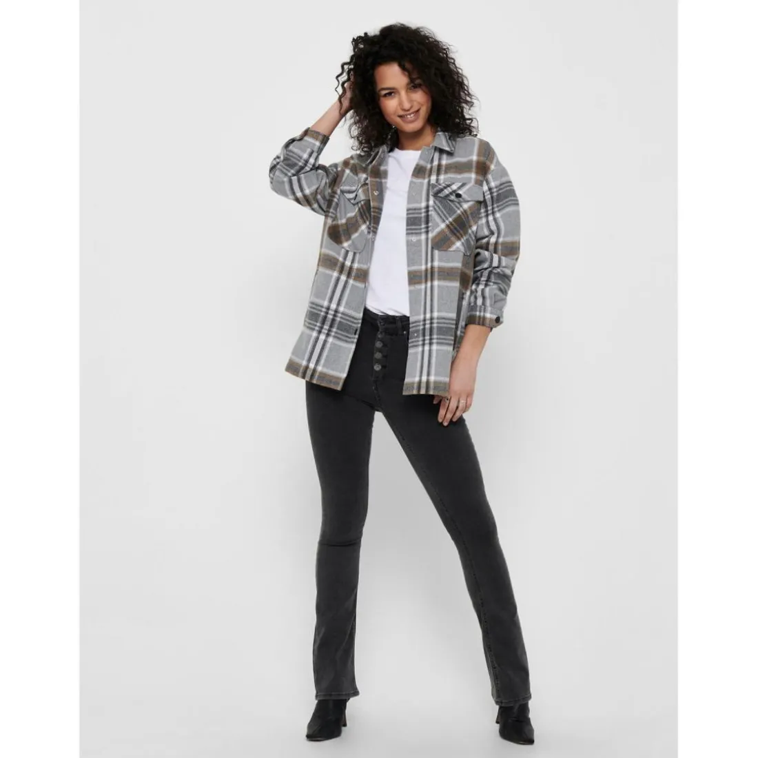 Veste-chemise longue Carreaux Col italien Manches longues marron gris