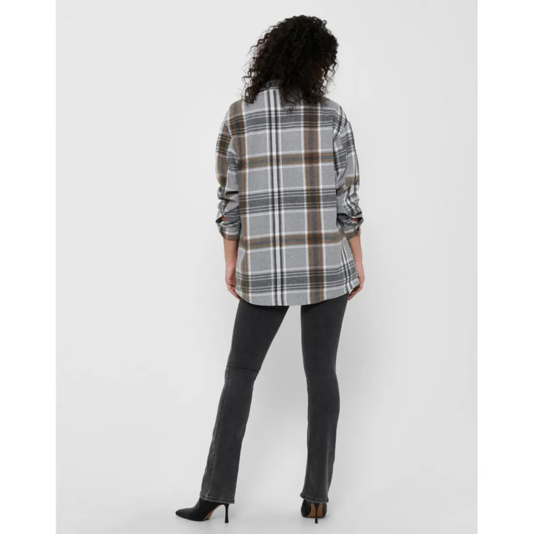 Veste-chemise longue Carreaux Col italien Manches longues marron gris
