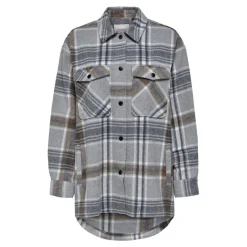 Veste-chemise longue Carreaux Col italien Manches longues marron gris