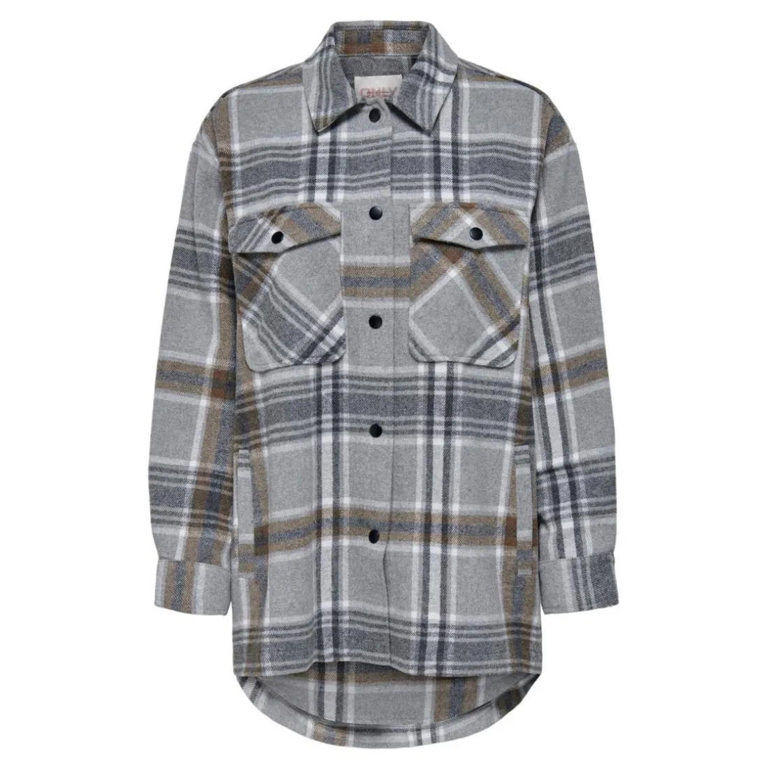Veste-chemise longue Carreaux Col italien Manches longues marron gris